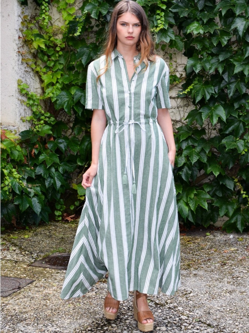 Never a Wallflower Striped Green Shirt Maxi Dress with Tie Waist